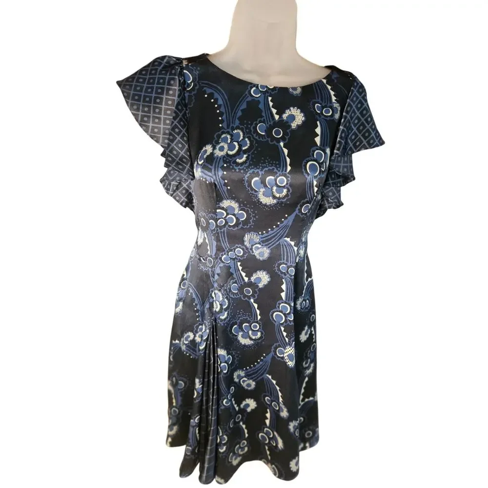 Celia Birdwell Top Shop Blue Floral Dress Vintage Ruffled Open Back Silky Sz 8 - Picture 3 of 13